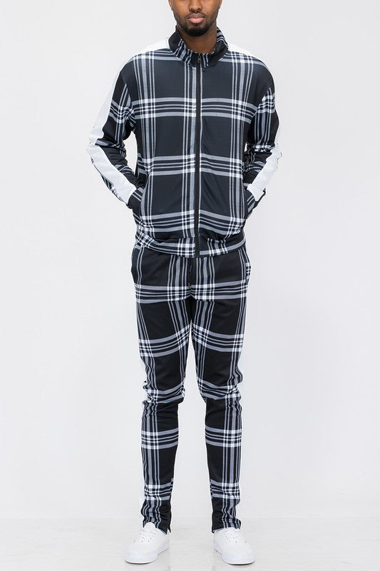 Plaid Checkered Full Zip Track Pants Set - King Exchange Apparel 