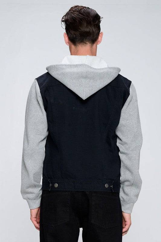 Men's Black Denim Jacket With Fleece Hoodie - King Exchange Apparel 