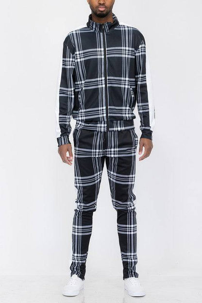 Plaid Checkered Full Zip Track Pants Set - King Exchange Apparel 